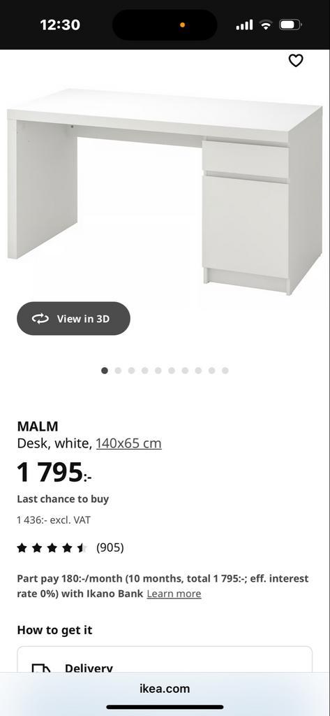 IKEA MALM Bureau - Wit, 140x65 cm, Huis en Inrichting, Bureaus, Zo goed als nieuw, Bureau, Ophalen