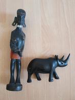 Twee houten beeldjes, masai en neushoorn, zwart, Kenia, Antiek en Kunst, Ophalen of Verzenden