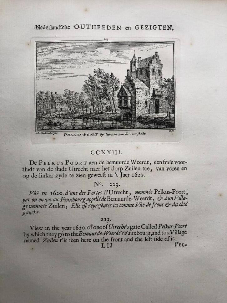 223 / Utrecht de Pelluspoort Kopergravure 1732, Antiek en Kunst, Kunst | Etsen en Gravures, Ophalen of Verzenden
