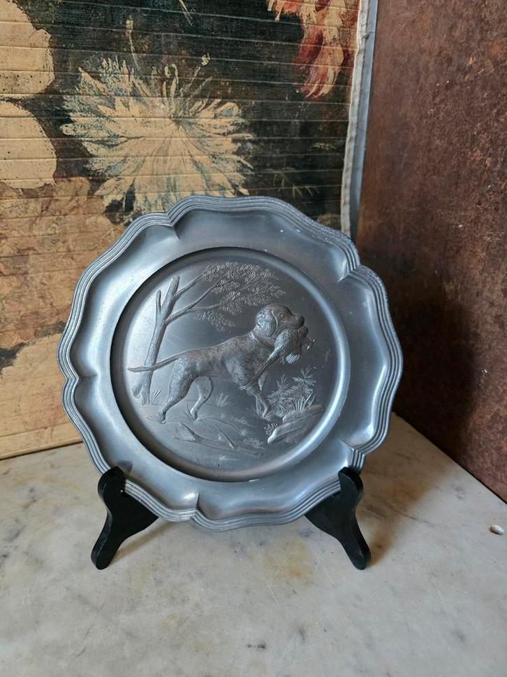 Tinnen wandbord jachthond fazant, Antiek en Kunst, Antiek | Tin, Ophalen of Verzenden