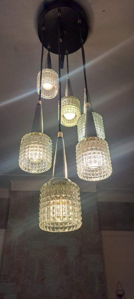 Cascade lamp met 6 lampen vintage Lakro spage age design, Huis en Inrichting, Lampen | Hanglampen, Zo goed als nieuw, 75 cm of meer