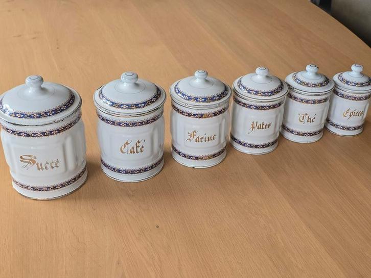 Set van 6 antieke Franse emaille voorraadpotten met tekst, Antiek en Kunst, Antiek | Emaille, Ophalen of Verzenden