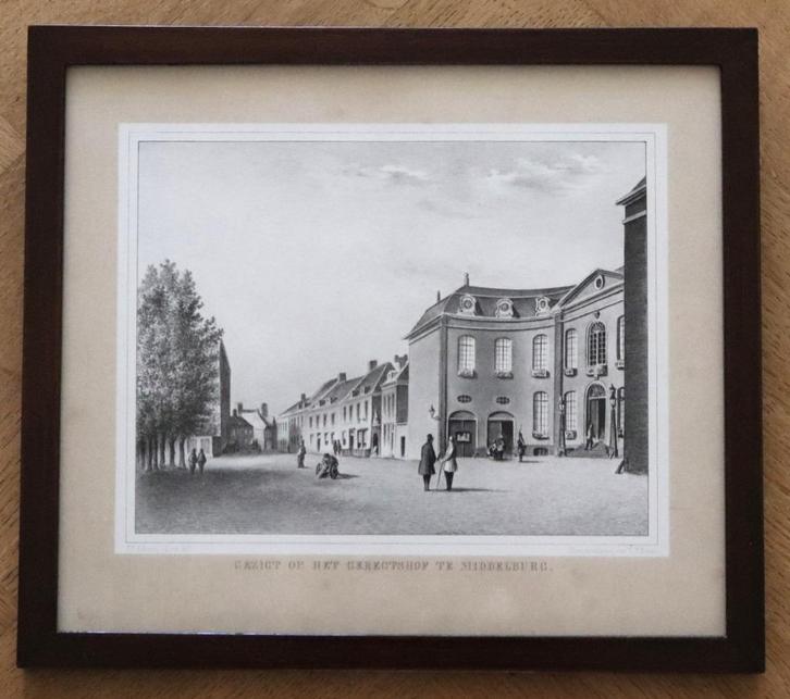 Antieke prent Gezicht op het Gerechtshof te Middelburg 1851, Antiek en Kunst, Kunst | Litho's en Zeefdrukken, Ophalen