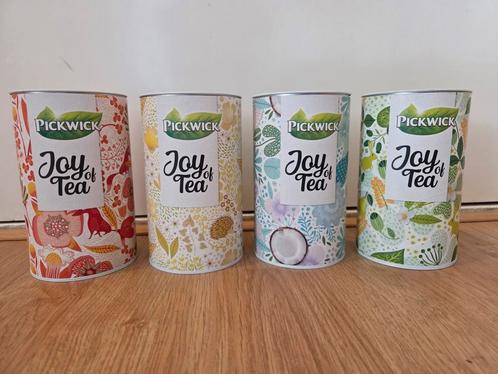 Pickwick Joy of tea theeblikken (4 stuks = complete set), Verzamelen, Blikken, Zo goed als nieuw, Thee, Pickwick, Ophalen of Verzenden