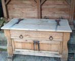 Antieke massief eikenhouten kist, kastkist met lade tafel, Ophalen, Zo goed als nieuw, 50 tot 75 cm