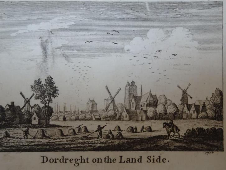 Gravure Zicht op Dordrecht met kerk en molens, J. June, 1760, Antiek en Kunst, Kunst | Etsen en Gravures, Verzenden