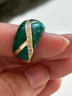 Vintage gouden ring met malachiet en diamant, 18 karaat, Sieraden, Tassen en Uiterlijk, Ringen, Ophalen of Verzenden, Zo goed als nieuw