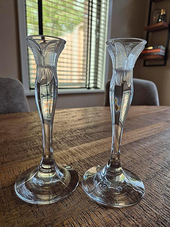 2 kristallen kandelaars, Huis en Inrichting, Woonaccessoires | Kandelaars en Kaarsen, Zo goed als nieuw, Minder dan 25 cm, Overige materialen