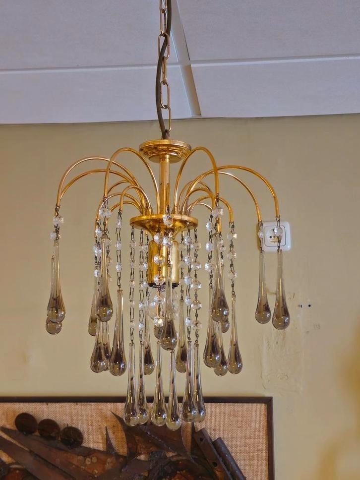 Vintage Murano Teardrop Kroonluchter Hanglamp Smoke Messing, Huis en Inrichting, Lampen | Kroonluchters, Gebruikt, Ophalen of Verzenden