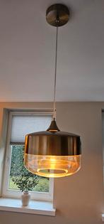 Vintage koper/goudkleurige hanglamp met bruin glas, Ophalen, Glas, 75 cm of meer
