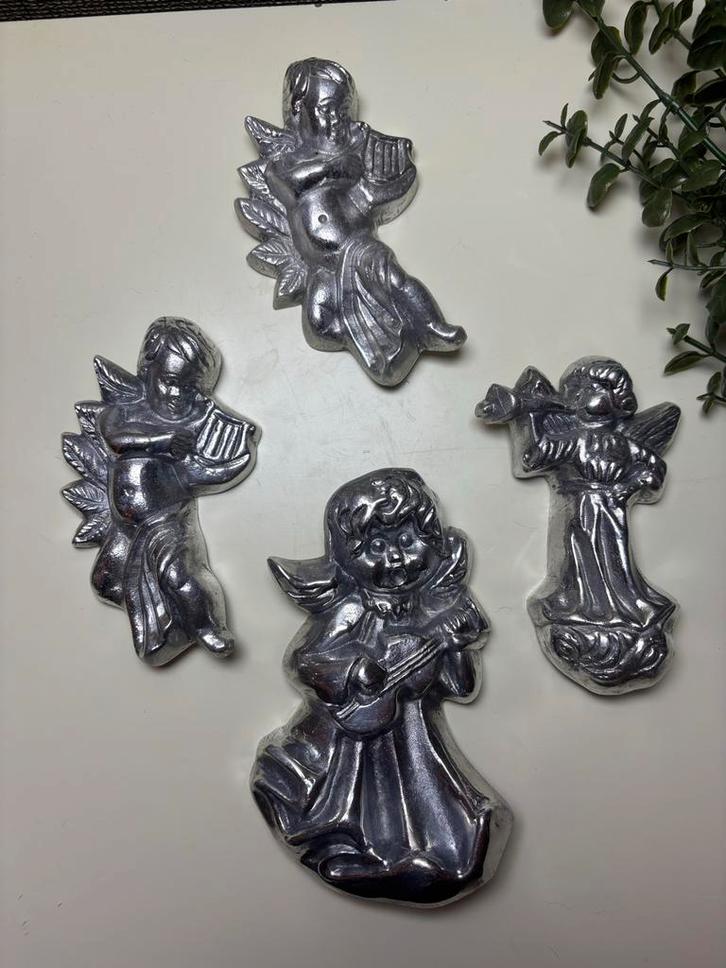 Vintage Zilverkleurige Engeltjes met Instrumenten, Huis en Inrichting, Woonaccessoires | Wanddecoraties, Gebruikt, Ophalen of Verzenden