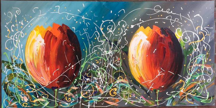 Alex L- Tulpen- Handgeschilderd- Uniek, Antiek en Kunst, Kunst | Schilderijen | Abstract, Ophalen of Verzenden