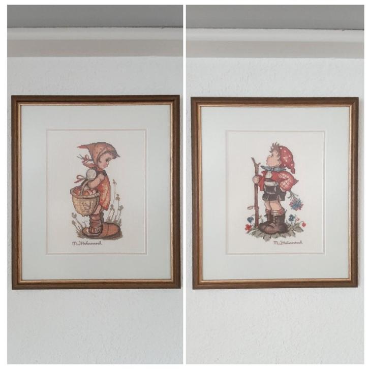 2 geborduurde schilderijtjes van HJ Hummel, jongen en meisje, Hobby en Vrije tijd, Borduren en Borduurmachines, Nieuw, Patroon