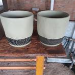 2X groene bloempot zwarte strepen 19 cm, Rond, Ophalen of Verzenden, Zo goed als nieuw, Balkon
