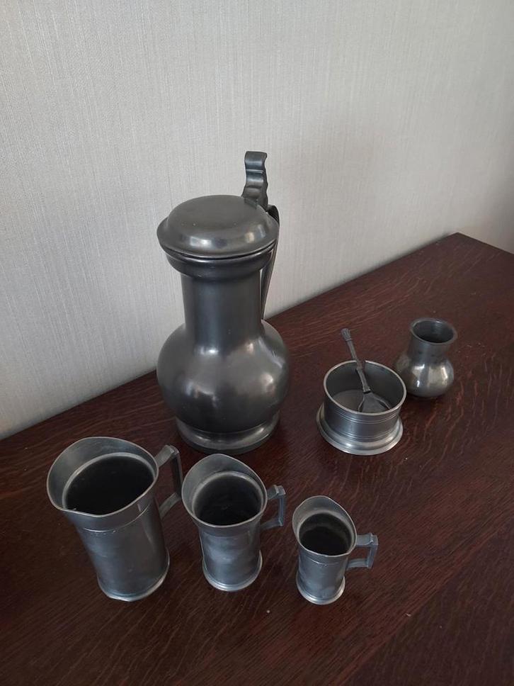 Antiek Tinnen Servies - Kan, Vaasjes, Suikerpot, Antiek en Kunst, Antiek | Tin, Ophalen