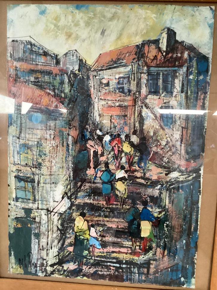 Schilderij van trappen met figuren., Antiek en Kunst, Kunst | Schilderijen | Abstract, Ophalen