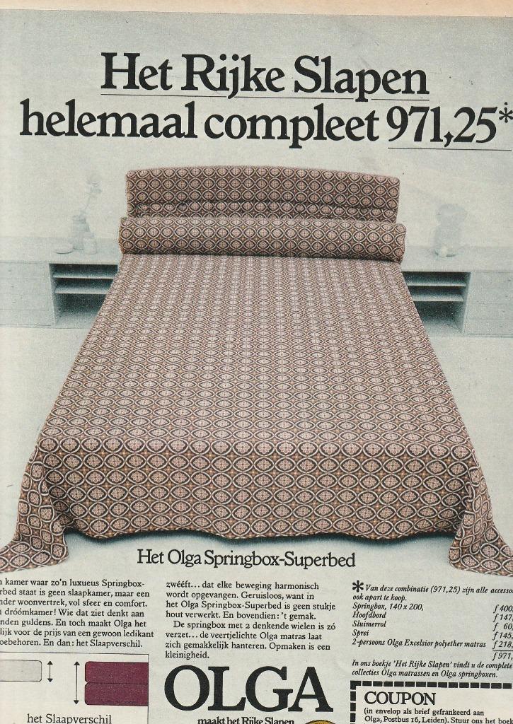 retro reclame 1974 Olga superbed Leiden rijk slapen, Verzamelen, Retro, Overige typen, Verzenden