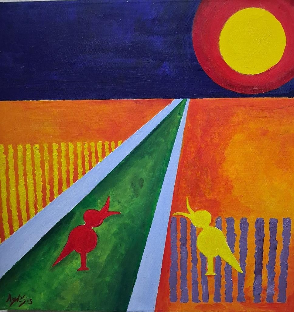 Kleurrijk schilderij met vogels, Ophalen of Verzenden