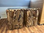 Unieke set van 2 teakhouten/drijfhout sidetables, Huis en Inrichting, Tafels | Sidetables, Ophalen, 50 tot 100 cm, Vierkant, 25 tot 50 cm