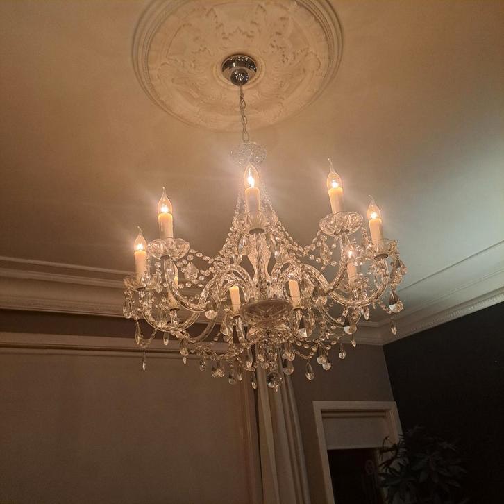 Prachtige 9-armige Kristallen Kroonluchter, Huis en Inrichting, Lampen | Kroonluchters, Gebruikt, Glas, Metaal, Ophalen