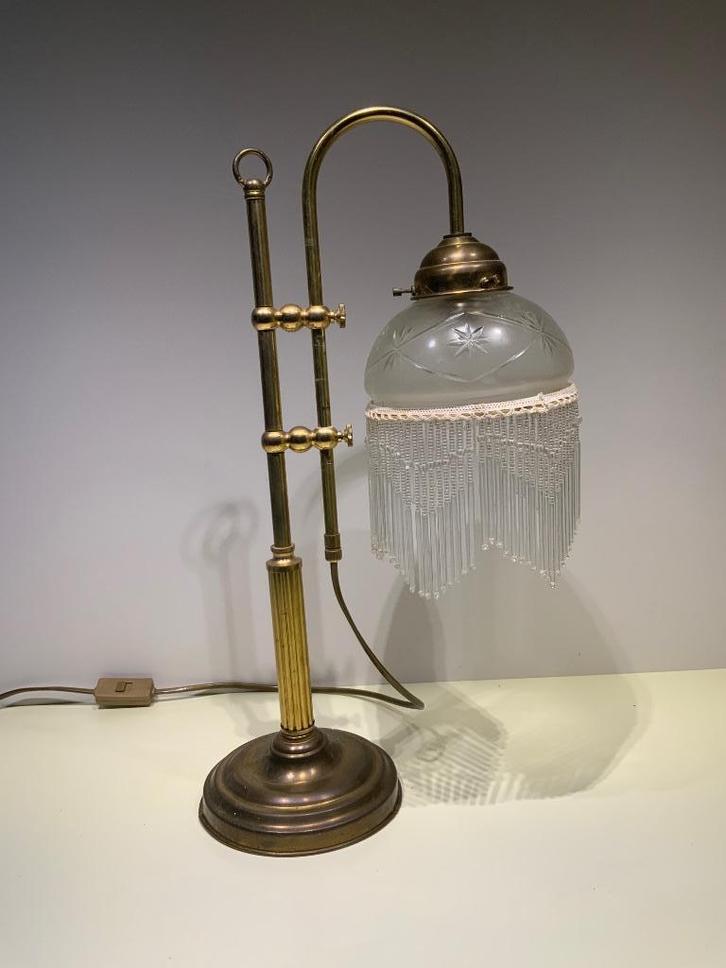 Fraaie Messing Tafellamp met zg zwanenhals, Huis en Inrichting, Lampen | Tafellampen, Gebruikt, Minder dan 50 cm, Glas, Metaal