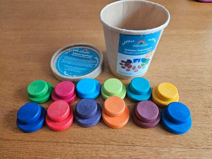 Grimm's regenboog munten, nr 10312, Kinderen en Baby's, Speelgoed | Houten speelgoed, Gebruikt, Overige typen, Ophalen of Verzenden