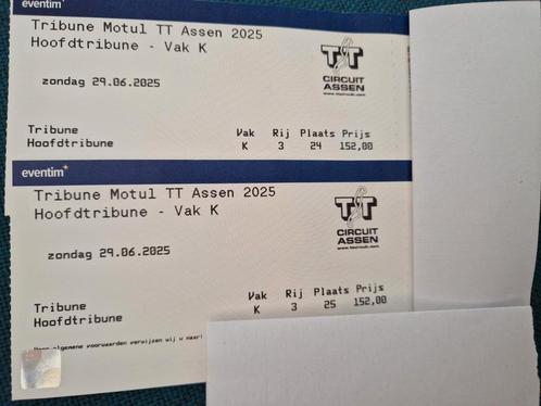 MotoGP TT Assen 2 hoofdtribune kaarten zondag vak K rij 3, Tickets en Kaartjes, Overige Tickets en Kaartjes, Twee personen
