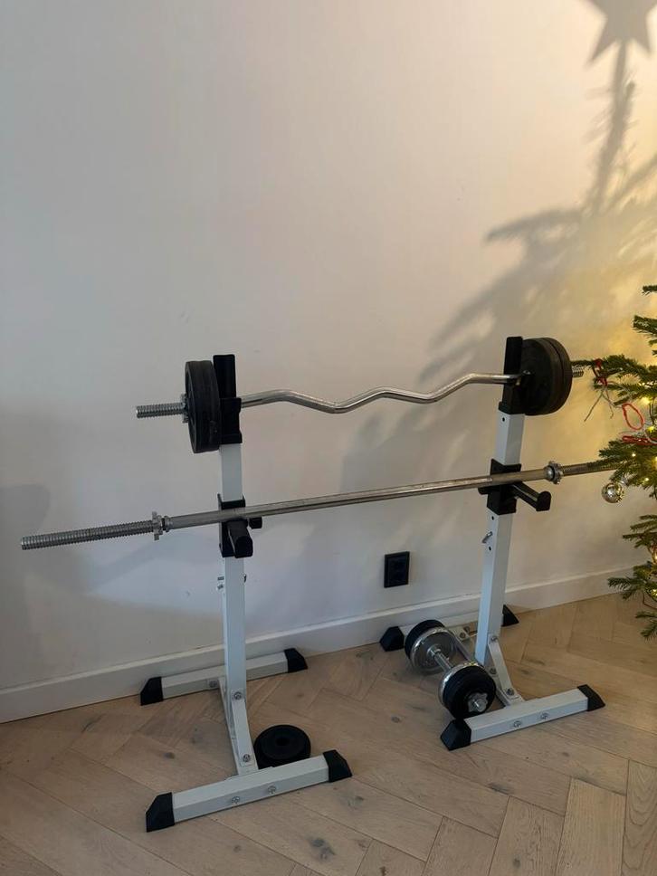 Fitness Stang Rek met Halter en Gewichten, Sport en Fitness, Fitnessmaterialen, Gebruikt, Halterset, Armen, Ophalen