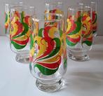 Set van 6 vintage, retro jaren 70 gedecoreerde drinkglazen., Ophalen of Verzenden, Zo goed als nieuw