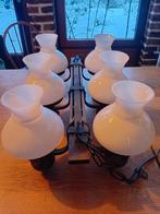 Massive grote hanglamp met zes opaline kapjes, Ophalen, Gebruikt, Glas, 75 cm of meer