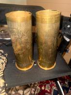 2x Vintage messing vazen met gravure, Huis en Inrichting, Woonaccessoires | Vazen, Ophalen, Overige materialen, Gebruikt, Geel