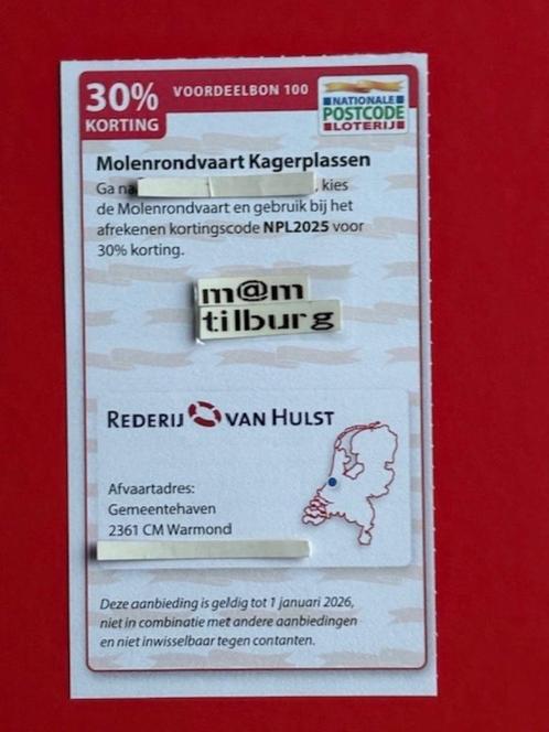 Voordeelbon 100 Molenrondvaart Kagerplassen 30% korting, Tickets en Kaartjes, Kortingen en Cadeaubonnen, Drie personen of meer