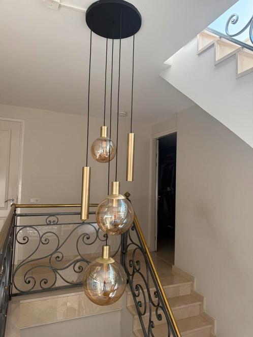 Te koop: Luxe design hanglamp goud/zwart glas 6 maanden oud, Huis en Inrichting, Lampen | Kroonluchters, Zo goed als nieuw, Glas