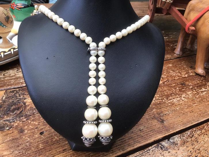 Parelketting met zilveren tussenstukken.925 gemerkt., Sieraden, Tassen en Uiterlijk, Kettingen, Zo goed als nieuw, Zilver, Ophalen of Verzenden