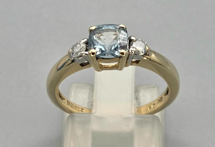 Gouden Vintage ring met aquamarijn en diamant. 2025/673., Sieraden, Tassen en Uiterlijk, Antieke sieraden, Ring, Goud, Met edelsteen