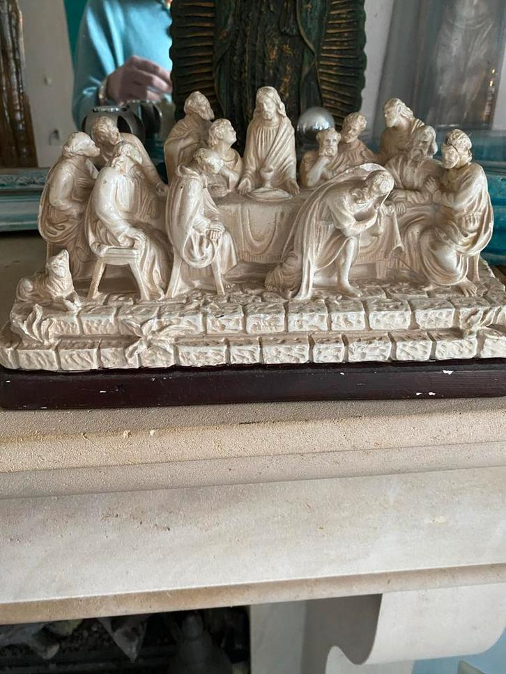 Laatste Avondmaalbeeld-speksteen/steenlook-religieus-vintage, Verzamelen, Beelden en Beeldjes, Gebruikt, Religie, Ophalen of Verzenden