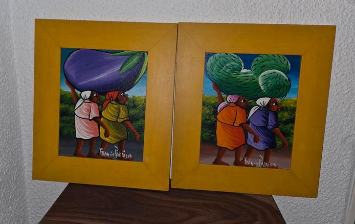 Twee Afrikaanse schilderijen met groenten, Antiek en Kunst, Kunst | Schilderijen | Klassiek, Ophalen of Verzenden
