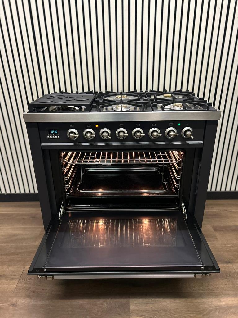 Luxe Boretti Fornuis 6 pits antraciet multifunctioneel 90 cm, Fornello Esperta, Ophalen of Verzenden, Zo goed als nieuw, Energieklasse A of zuiniger