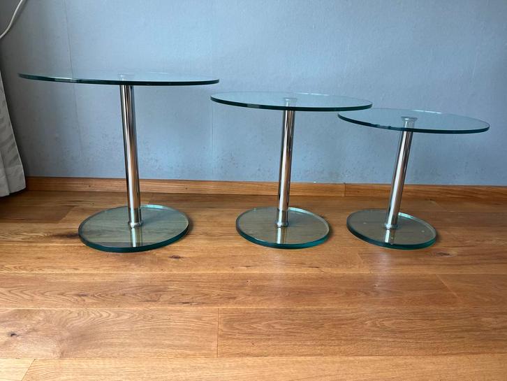 Metaform KL-3 Glazen Bijzettafel Set van 3, Huis en Inrichting, Tafels | Bijzettafels, Zo goed als nieuw, Rond, 45 tot 60 cm, Minder dan 55 cm