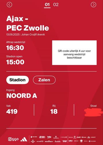 2 tickets Ajax - PEC Zwolle vak 419 naast elkaar beschikbaar voor biedingen