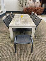 Houten tuintafel met 6 metalen stoelen, Tuin en Terras, Tuintafels, Ophalen, Gebruikt, Rechthoekig, Hout