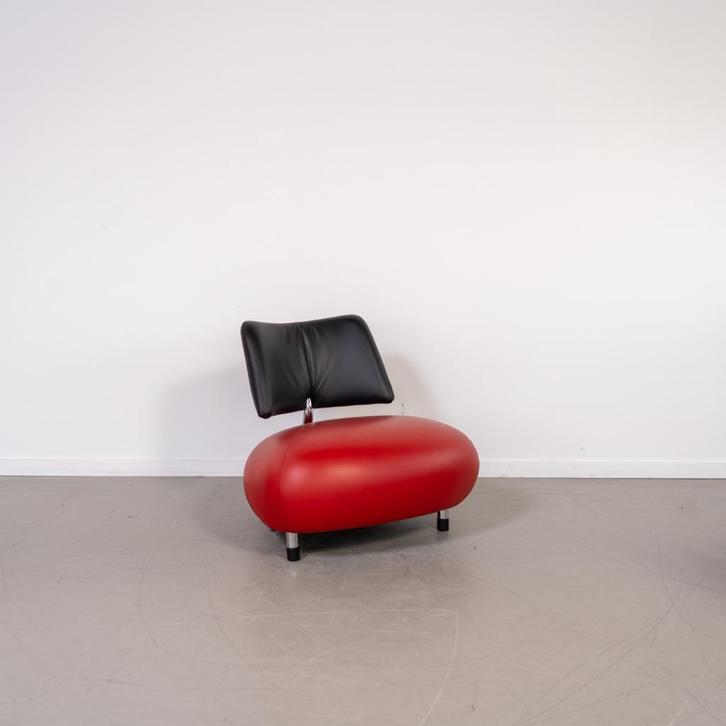 4x Leolux Pallone Fauteuil Rood/Zwart Leer - Chroom, Huis en Inrichting, Fauteuils, Zo goed als nieuw, Leer, Metaal, 75 tot 100 cm