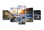 Nieuw * 5 Luik Schilderij Canvas * Rotsen Zee Zon 80x160cm, Nieuw, 125 cm of meer, Ophalen of Verzenden, Schilderij