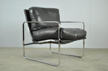 Vintage zwarte leren fauteuil met verchroomd frame, jaren 80 beschikbaar voor biedingen