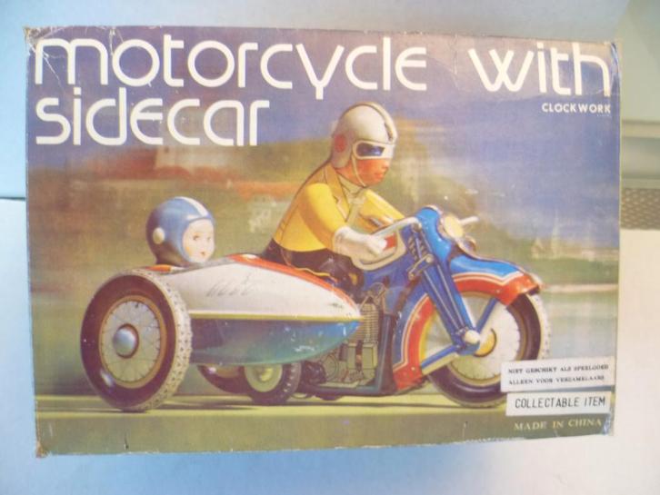 Chinees blikken motor met zijspan opwindmotor in doos 19cm., Hobby en Vrije tijd, Modelauto's | Overige schalen, Nieuw, Motor