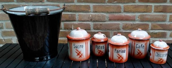 Antiek Emaille Emmer of geëmailleerde Bussen - Zie omschr, Antiek en Kunst, Antiek | Emaille, Ophalen of Verzenden