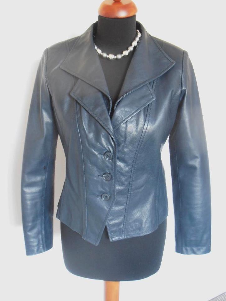 Emma - prachtige blauw gevoerd leren jasje - 40, Kleding | Dames, Jasjes, Kostuums en Pakken, Zo goed als nieuw, Jasje, Maat 38/40 (M)
