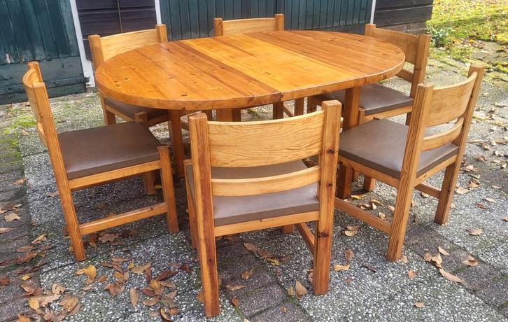 Vintage Grenen Tafel met 6 Stoelen, Huis en Inrichting, Complete eetkamers, Gebruikt, 4 tot 6 stoelen, Ophalen