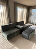 Design bankstel : 2 zitdelen met midden console en poef, Ophalen, Gebruikt, Leer, Modern design in opdracht gemaakt !