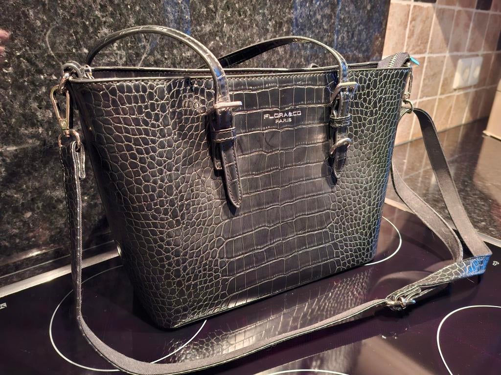 Zwarte handtas met croco print, Ophalen, Gebruikt, Zwart, Handtas